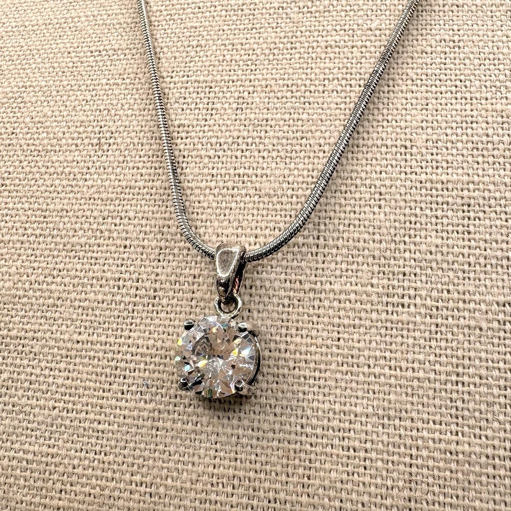 Vintage Avon Clear Solitaire Rhinestone Pendant Silver Tone Snake Chain Necklace